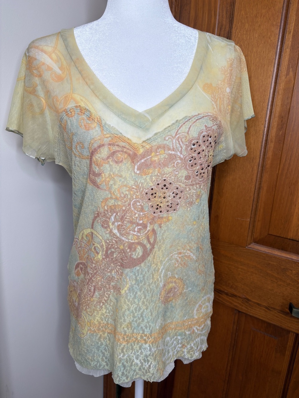 Y2K Sheer Lace Overlay V-Neck Top XL Fairycore Ethereal Romantic Earthy